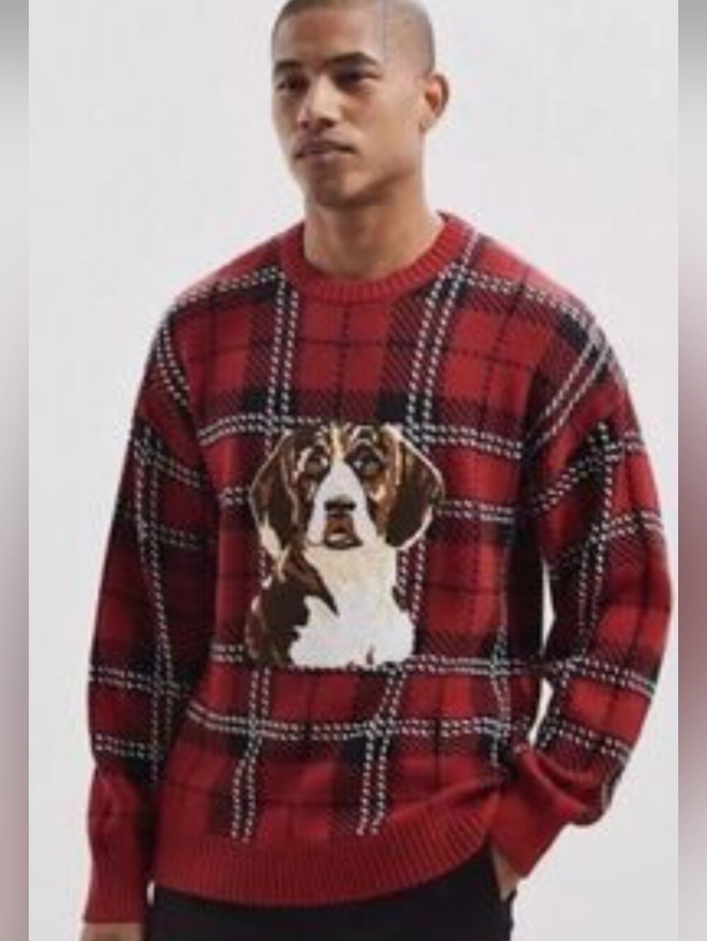 Urban Outfitters Men’s L Red Plaid Beagle Dog Holiday Sweater Tartan Crewneck